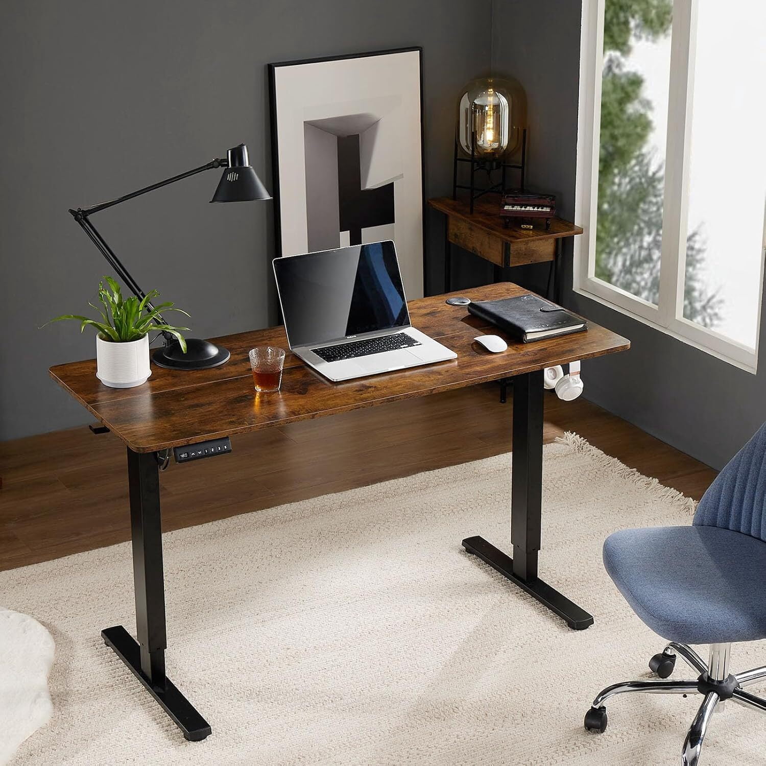 AENKYO Electric Height Adjustable Standing Desk with T-Shaped Metal Frame, Ergonomic Home Office Workstation for Computer, Modern Sit to Stand Desk，Brown