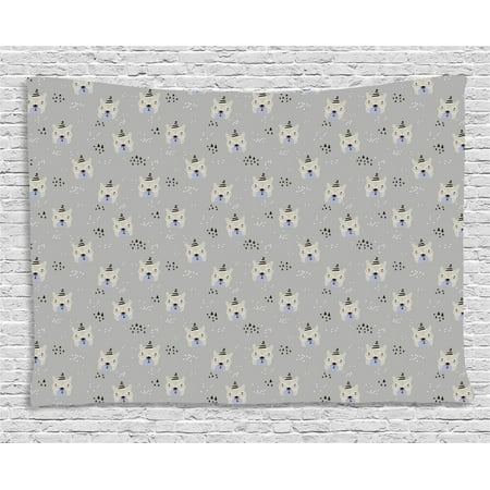 Hipster Tapestry, Cute Bear Faces with Glasses and Doodle Triangles Dots Nursery Pattern, Wall Hanging for Bedroom Living Room Dorm Decor, 60W X 40L Inches, Pale Grey Black Beige, by Ambesonne