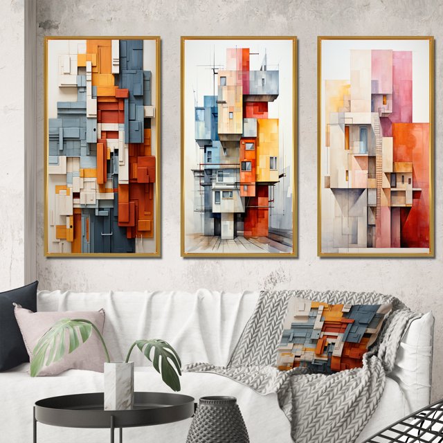 Designart "Constructed Horizons in Constructivism II" Abstract Framed Wall Art Set Of 3 - Orange Constructivism Frame Canvas Set For Living Room Decor