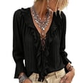 thumbnail image 2 of HaCpiu Women's Solid V-Neck Ruffle Blouse, Casual Loose Long Sleeve Tunic Shirt, Lightweight Flowy Tie-Front Top with Bell Cuffs, Black L, 2 of 5
