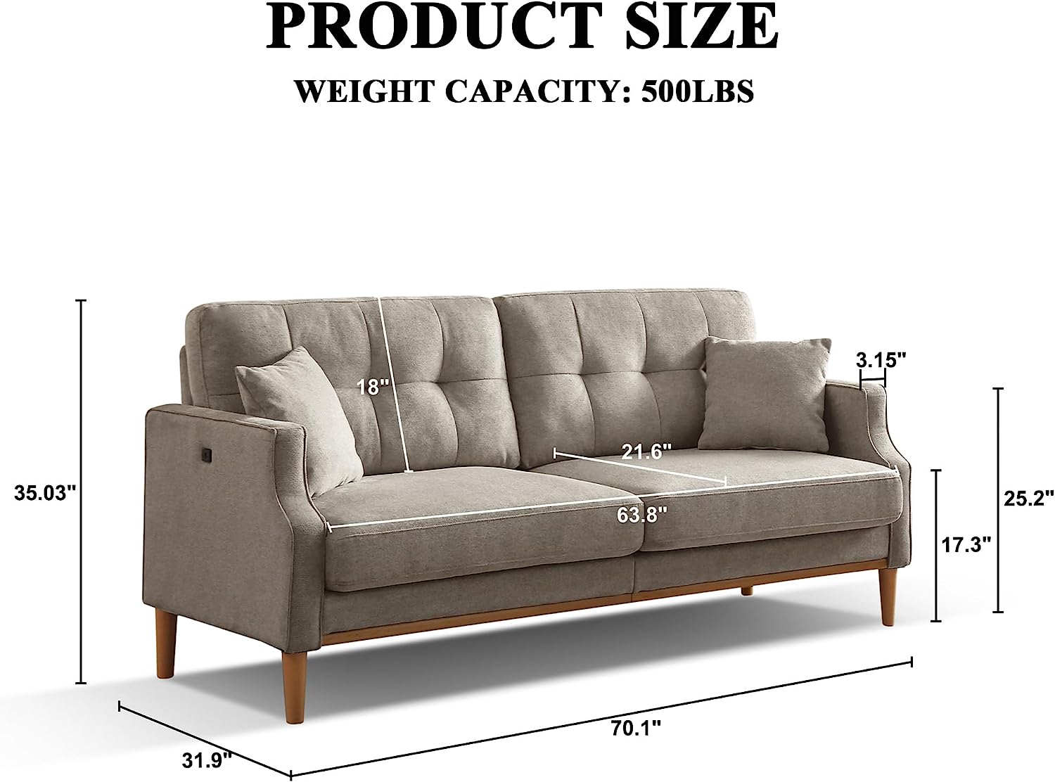 DEALTOPS Mid-Century Modern 3 Seat Sofa Couch, The Ultimate Comfort Experience Loveseat with Thick Cushions,Waterproof Fabric,and USB Port - Gray