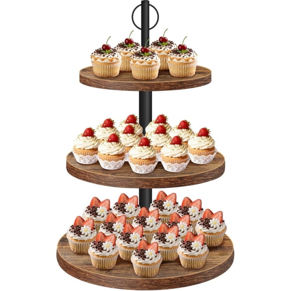 Katinyos 3 Tier Cupcake Stand, Cake Stands Rustic Wood Cupcake Tower Round Tiered Tray Stand for Birthday,Parties