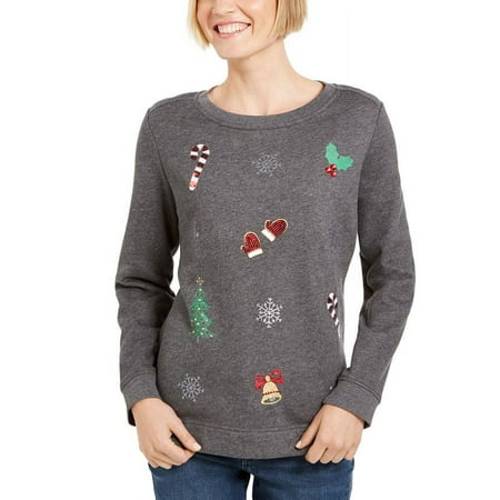 Karen Scott Women's Embellished Sweatshirt Gray Size Petite Medium