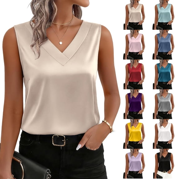 Inglocry Silk Satin Tank Tops V Neck Camisole Casual Cami Sleeveless Shirt Blouses Silky Basic Tanks White L