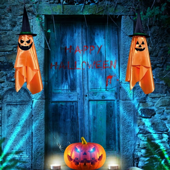 Halloween Decorations 2 Pack Orange Pumpkin Wizard Hat Hanging Pumpkin Ghosts Witch Hanging Ornaments Decor for Home Party Garden Eave Tree Porch
