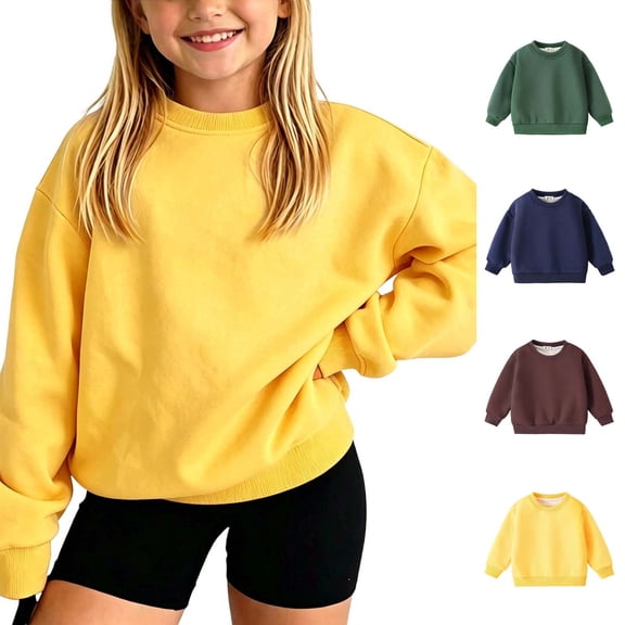 Cotton Sweatshirts for Toddlers Kids 0-10Y Crewneck Pullover Boys Girls Fleece Loose Casual Fall Winter Tops (5-6 Years, Yellow)