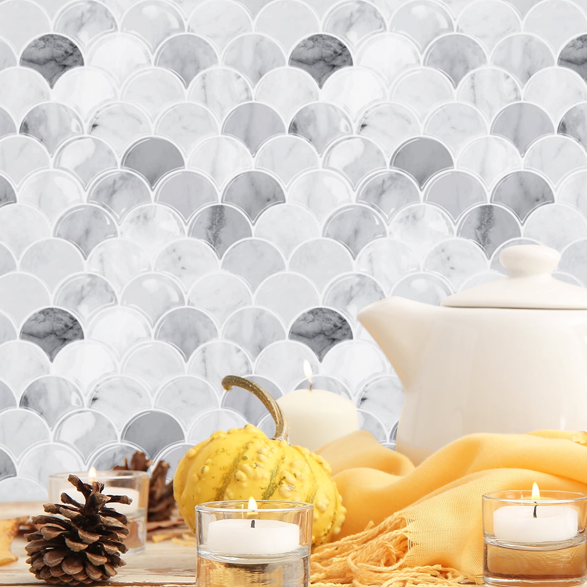 20 Sheets Peel and Stick Tile for Bathroom Kitchen Backsplash Tile Stickers Peel and Stick on Backsplash 12"x12" Fish Scale Removable Back Splash for Renters Living Room Fireplace
