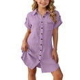 thumbnail image 2 of WAVSUF Girls Short Sleeve Button Shirt Dress, Loose Fit Trendy Collared with Pockets Casual Comfort Daily Dress Purple 7-8, 2 of 9