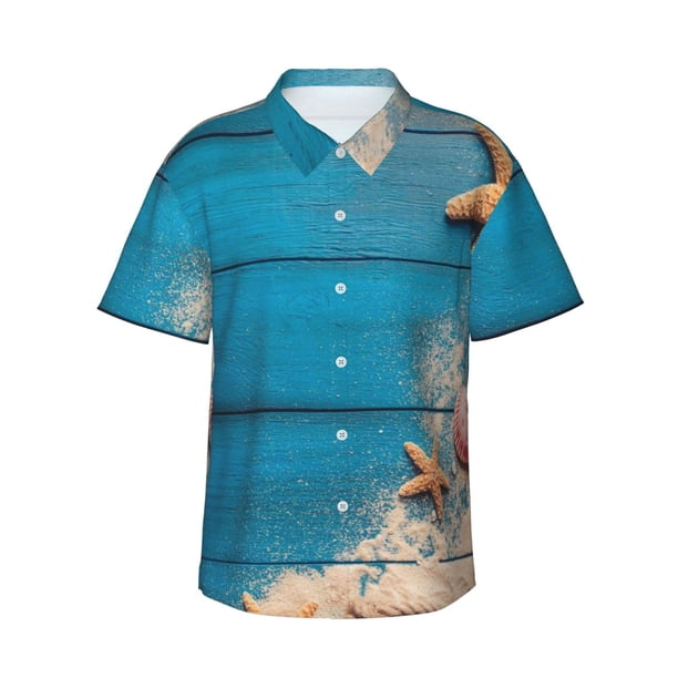 Fotbe Shells and Starfish Camisa Hawaiana para Hombre Unisex – Camisa Casual de Verano con Botones de Manga Corta de Algodón y Lino,X-Large