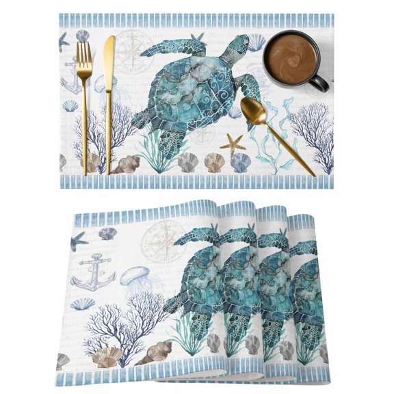 Coastal Turtle Placemats Set of 6, Nautical Starfish Coral Jellyfish Stripes Placemats for Dining Table, Place Mats for Kitchen Tabletop, Waterproof Wipeable Dining Table Mats Set