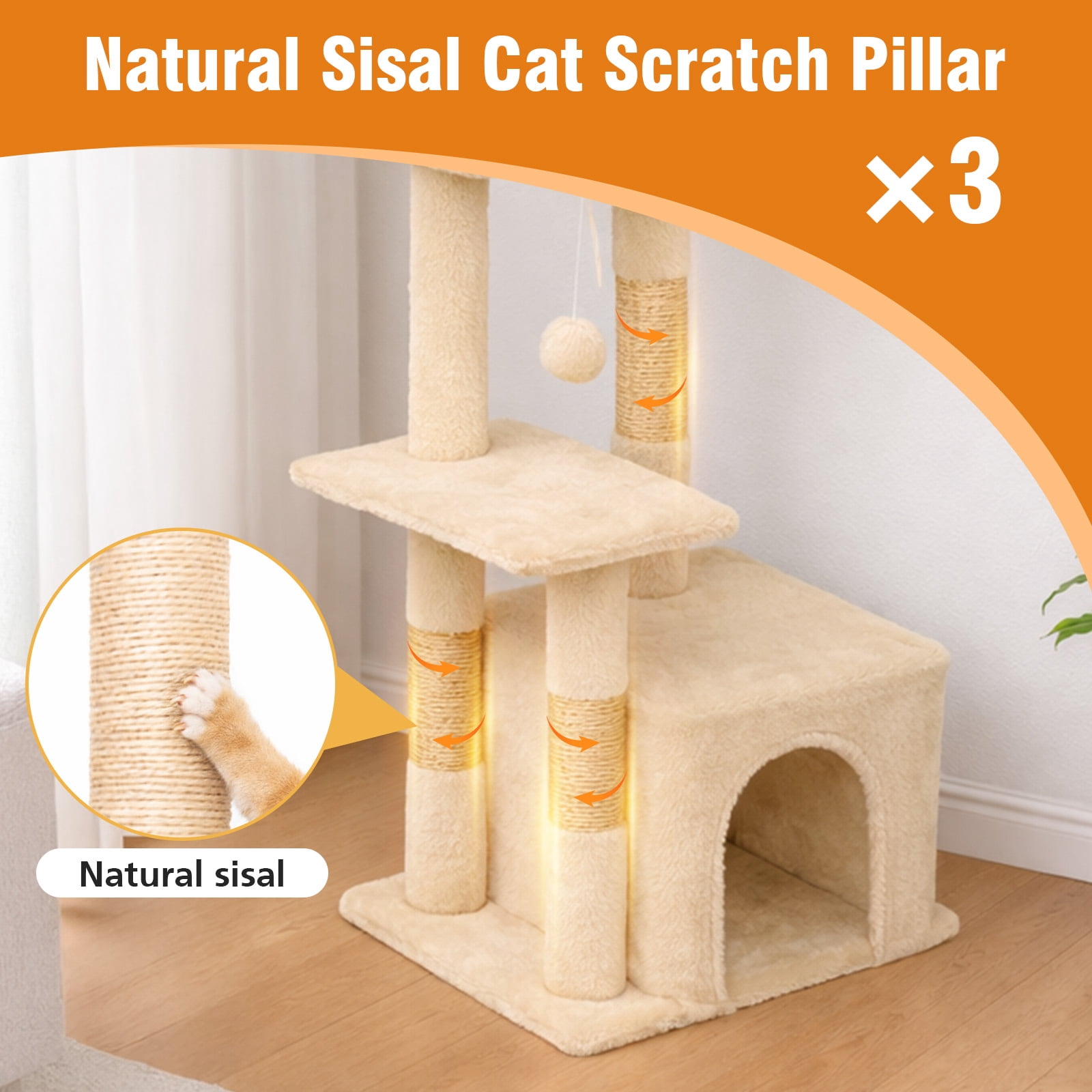 Cat Tree, Multi-Level Cat Tree Tower, Indoor Activity Center with Sisal Scratching Posts, Condos, Plush Perches, Hanging Cat Toys, Beige
