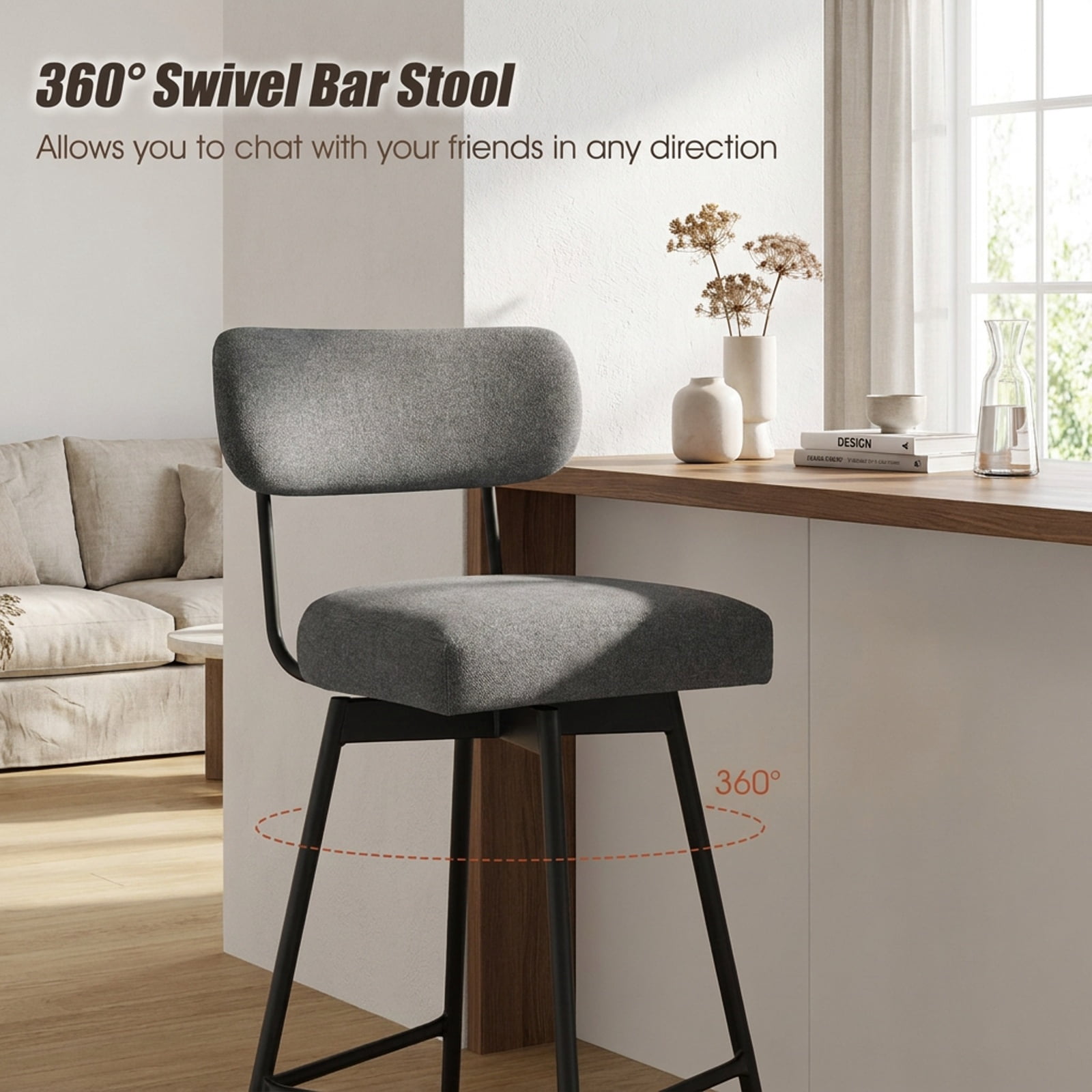 Furnibear Set of 2 Modern Upholstered Bar Stools 25 Inch with Back and Footrests in Gray
