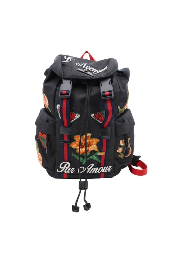 Pre-Owned Gucci L'Aveugle Par Amour Embroidered Techno Web Canvas Backpack Black 478327