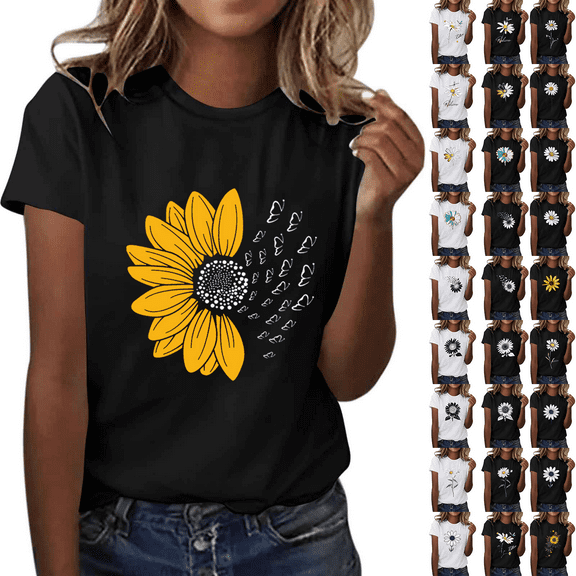 Axiiglly T Shirts for Women Sunflower Print T Shirts Graphic Short Sleeve Cotton Tees Casual Crewneck Going Out Tops