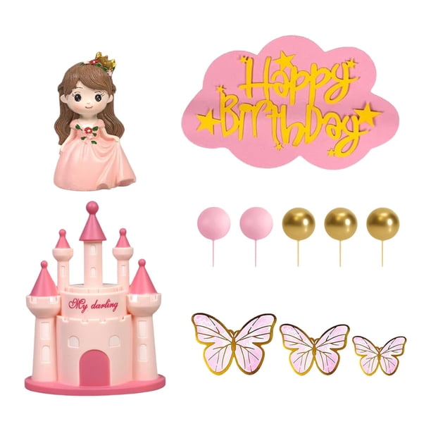 18 Piezas Topper de Pastel Princesa Castillo Sirena con Mariposas Figuras y Bolas Material Sólido Adecuado para Cumpleaños Niñas Fiestas