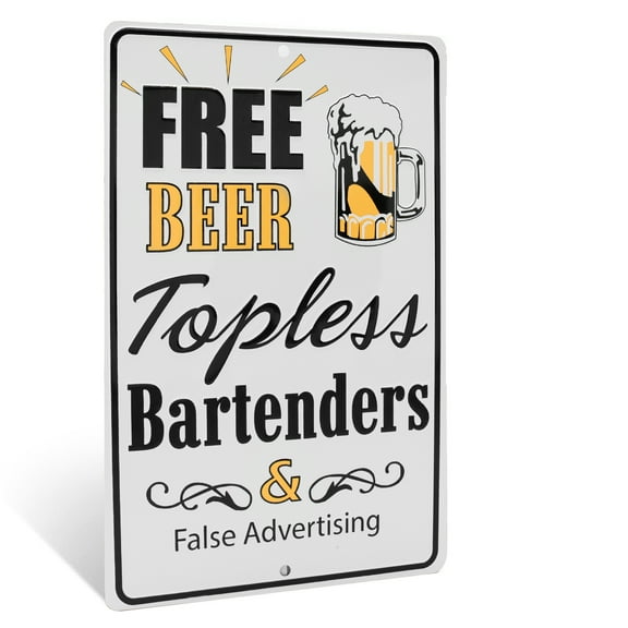 Topless Bartenders Funny Bar Sign Free Beer Metal Man Cave, Dorm Room Wall Decor