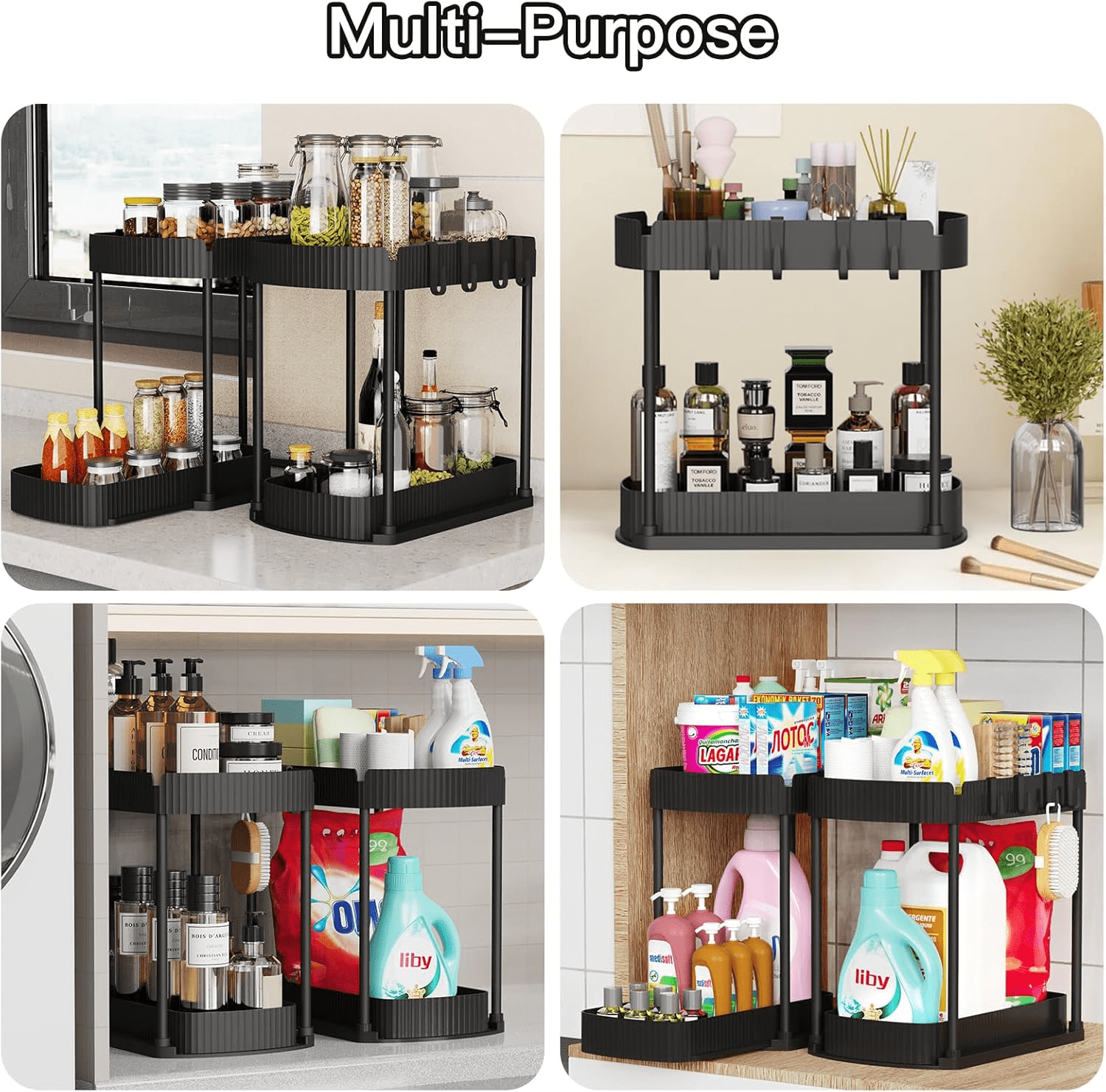 2 Floors Multi-Purpose Pull-Out Storage Organizers, Under Sink Organizers and Storage for Bathroom & Kitchen, Under Cabinet Organizers and storage, 12.8 Inch, Grey