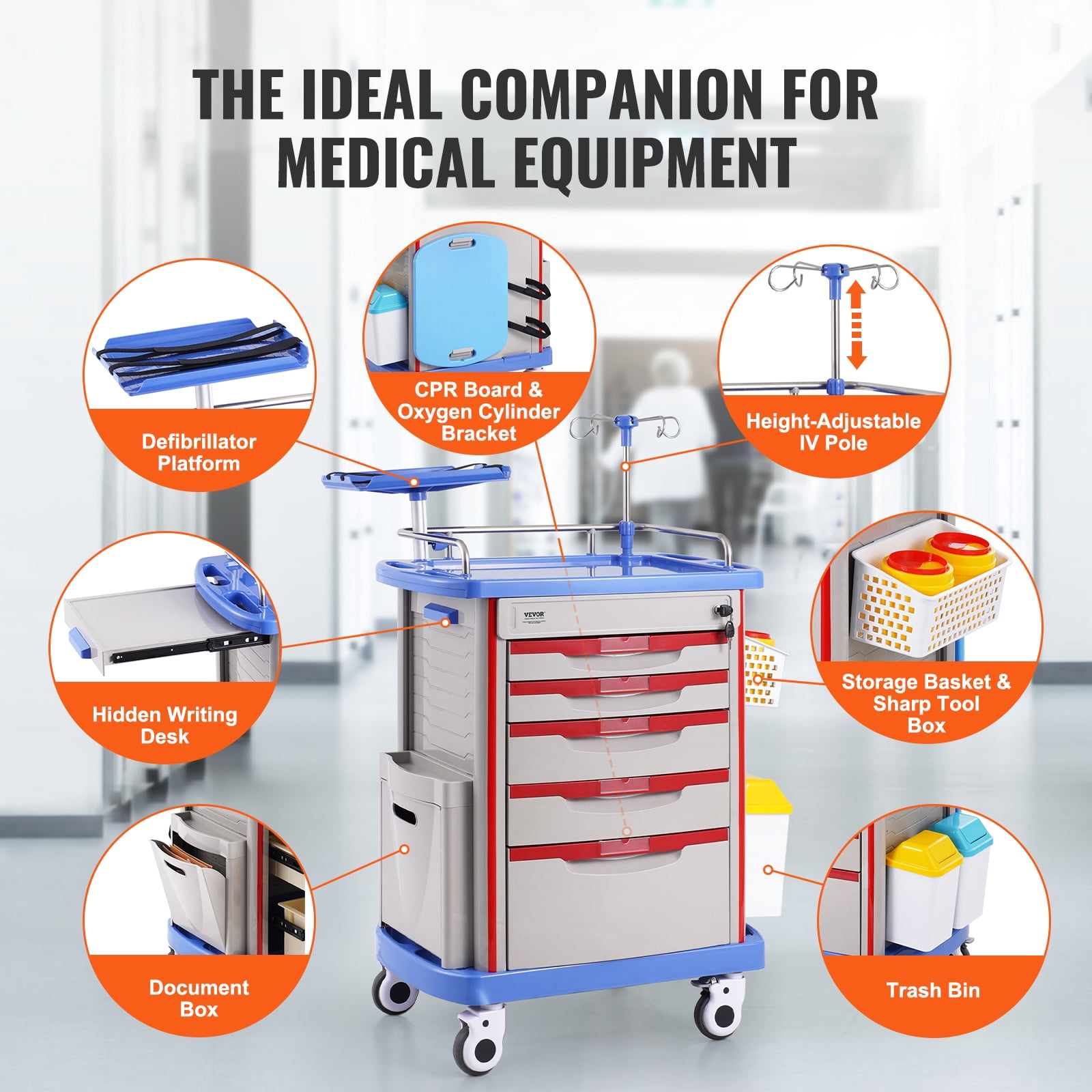 VEVOR 5 Tiers Lab Carts, Lab Utility Cart with 5 Drawers & 4 Silent Wheels, Mobile Medical Cart with PP Material, Lab Rolling Cart with 2 Trash Cans for Lab, Clinic, Hospital, Salon, Blue