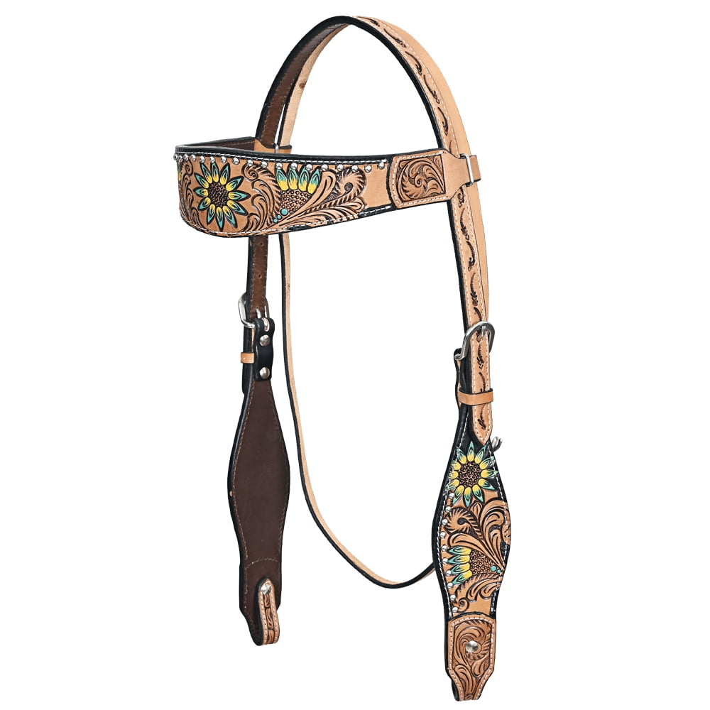 Concho De Tête (têtière) En Cuir Peint à La Main Hilason - Style Western Floral - Taille Cheval - Neuf