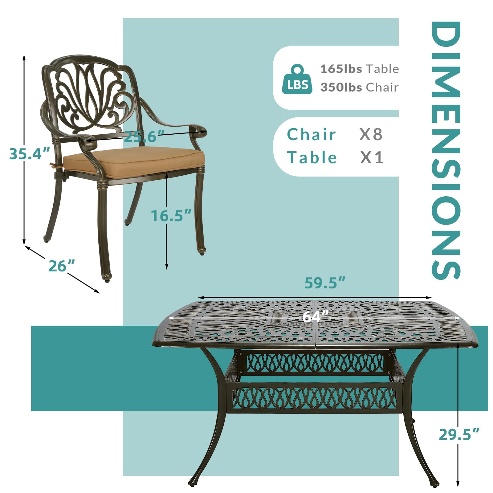 MEETWARM 9-Piece Outdoor Furniture Dining Set for 8, All Weather Cast Aluminum Patio Dining Set- Large 64" Square Table with Umbrella Hole and 8 Cushioned Chairs, Patio Table and Chairs Set, Khaki