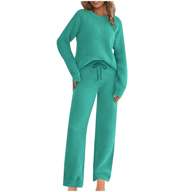 Plus Size Outfits Set Women Casual Loose Printed Pocket Drawstring Pants Long Sleeve Round-Neck Tops Set Two Piece Travel Outfits Set S-143 Green S