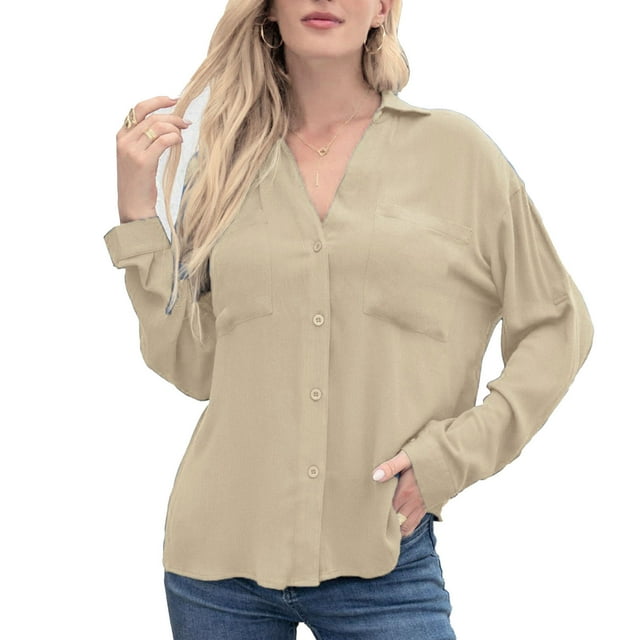 Blusa Seda De Hielo Manga Larga Cuello En V Con Botones Color Puro Tops Elegantes Para Mujer Caqui S