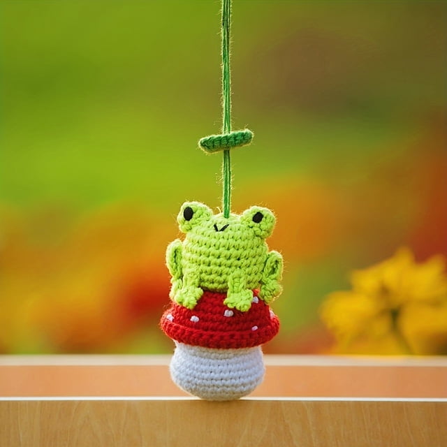 QJUHUNG Cute Frog Mushroom Crochet Rearview Mirror Accessories Handmade Car Mirror Hanging Accessories Rearview Mirror Accessories Car Ornament For Women