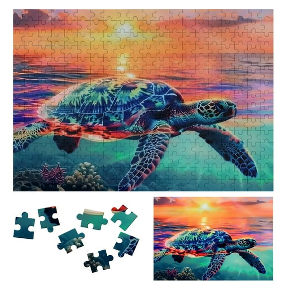 Shiartex Turtle Ocean Sunset Print Challenging Wooden Jigsaw Puzzle for Adults Gift - Family Friends Beach Theme 300 PCS