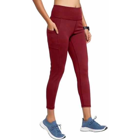 RIYU High Waisted Leggings for Women with Pockets | Workout and Yoga Leggings | Women's Athletic Leggings for Petite Sizes Wine Large