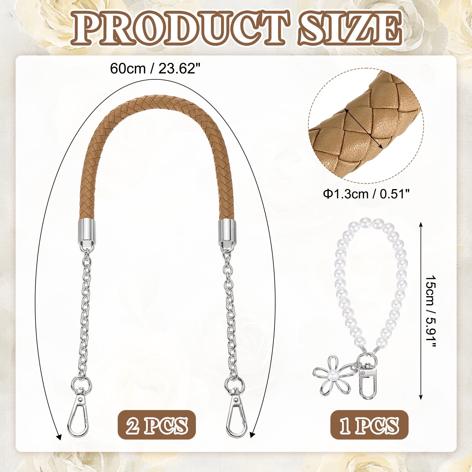 Uxcell 2 Pcs PU Leather Chain Purse Strap, 23.6 Inch Braided Purse Handles Replacement Strap with Pearl Pendant for Tote Bag Handbag Underarm Bag (Dark Khaki, Silver Chain)