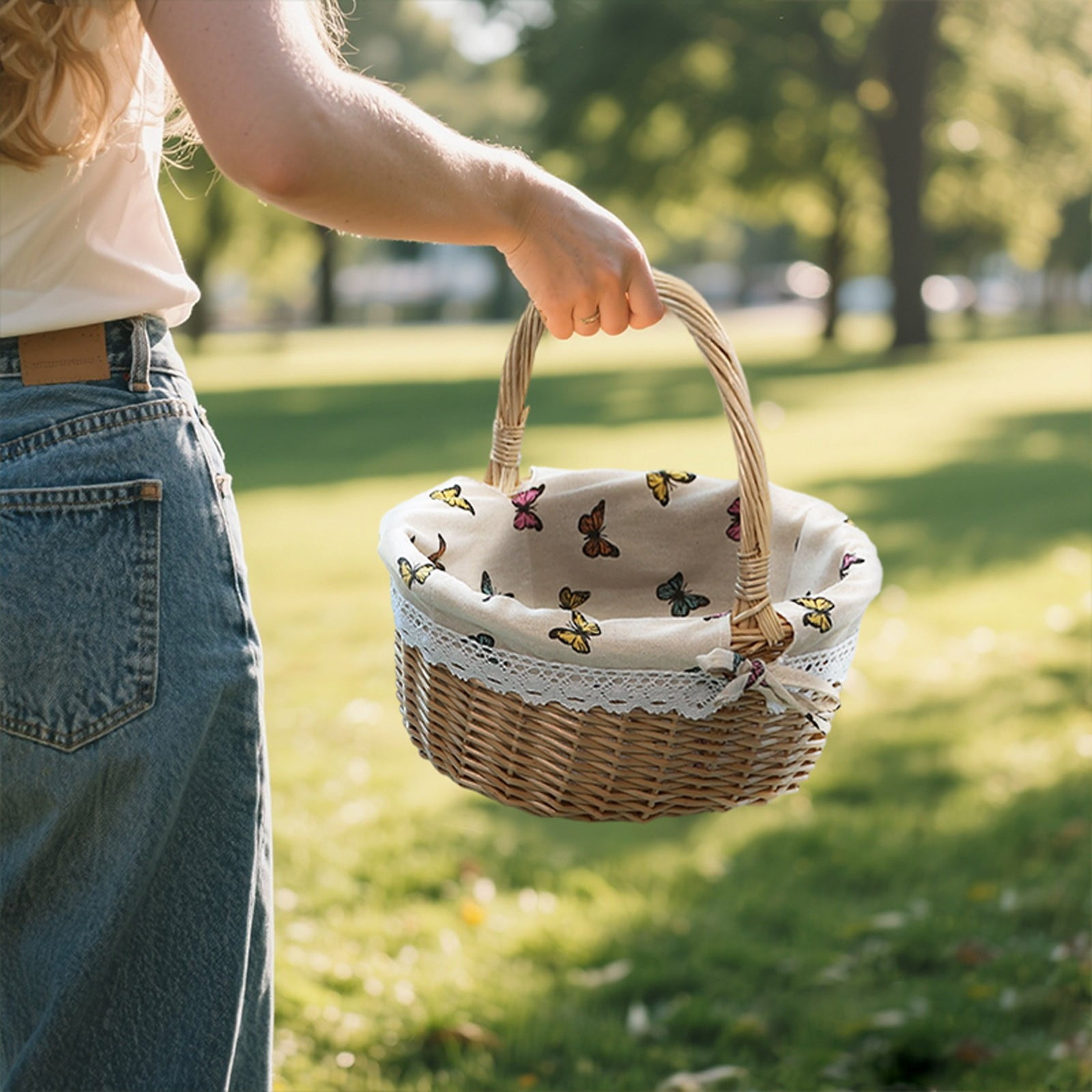 Vintage Oval Multfunction Picnic Basket - Removable Printed Liner, Portable Storage Basket, Suitable for Picnics Camping, Home Decor, Hiking, Easter, Spring Supplies, L13.8 x W10.2 x H12.6 in