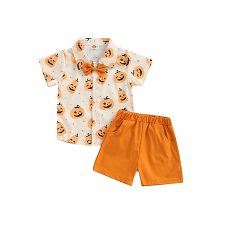 

aturustex Halloween Toddler Boys Shorts Set Ghost/Pumpkin Print Shirt + Elastic Waist Shorts + Bowtie