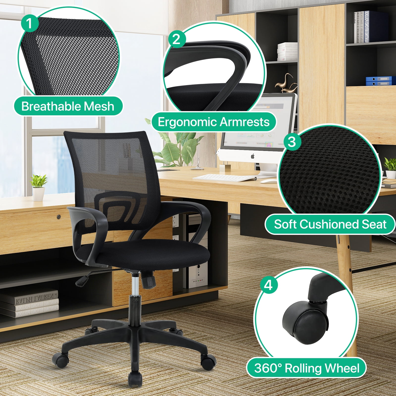 NiamVelo Mesh Office Chair Computer Desk Chair for Adults, Mid Back Rolling Chair Cheap office chairs with Lumbar Support Armrest for Home Office,Black（2 Pack）