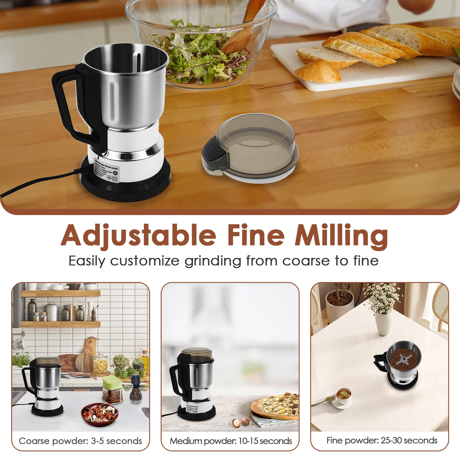Keyohome Portable Electric Coffee Grinder Adjustable Coffee Bean Grinder with Stainless Steel Blade Spoon and Clean Brush for Home Kitchen Counter