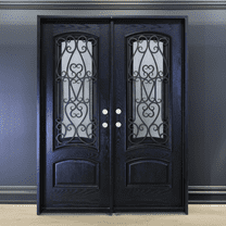 72" x 80" Environment Damage Resistant Polyurethane Composite Exterior Entry House Front Door, Wrought Iron Door w/Openable Tempered Rain Glass Window, Left-Hand Double Door Inward Swing Espresso