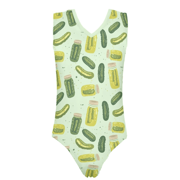 VNKIDY Girls One Piece Swimsuit Pickle Print V Neck Sleeveless Crewneck High Waist Stretchy Onesie Bathing Suit For Beach Pool Summer Wear Trendy Swimwear Green 11-12 Years