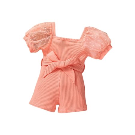 

ZRBYWB Toddler Girls Romper Solid Jumpsuit Bubble Sleeve Floral Short Sleeve Waistband Tie Five Pants Baby Clothing