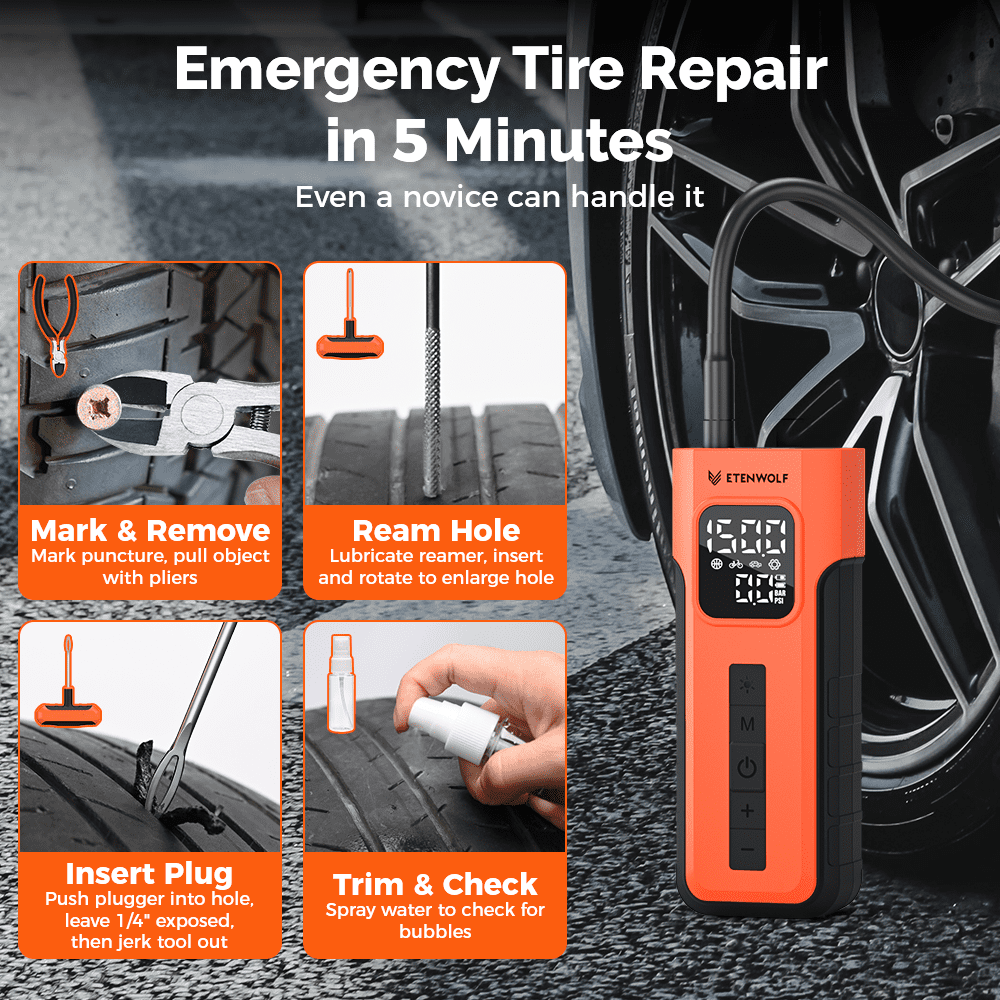 ETENWOLF Tire Inflator Portable Air Compressor with Tire Repair Kit,1 Min Fast Inflation  with Digital Pressure Gauge,for Car,Bicycle,Motorcycle,Ball
