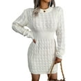 thumbnail image 3 of Casual Cable Knit Sweater Dress with Tie-Waist for Female, Autumn Winter Bodycon Tight Long Sleeve Tunic White L, 3 of 10