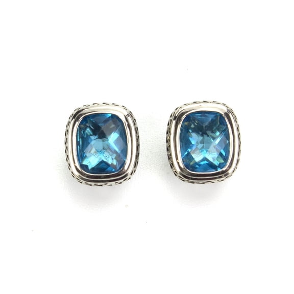 Elegant Blue Topaz CZ Stud Earrings with Vintage Antiqued Silver Tone Finish Jewelry Earring Silver