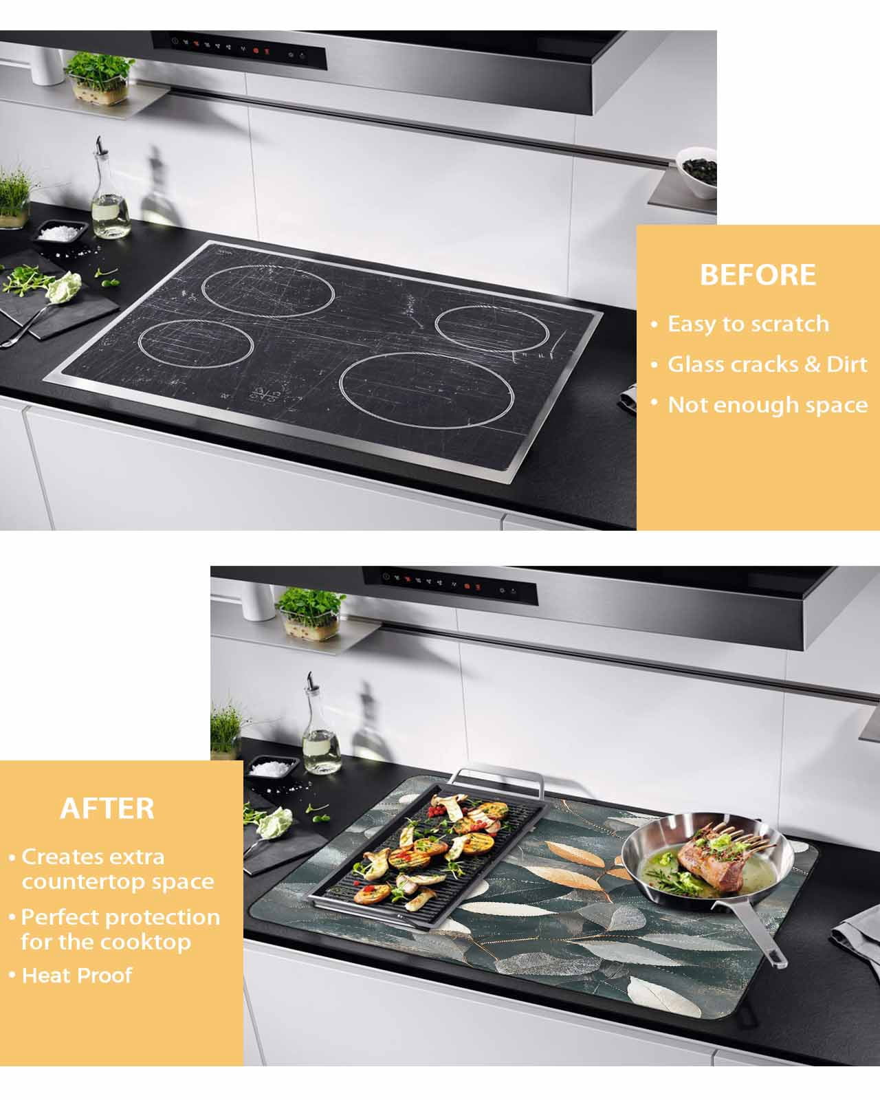 nqOlkjepod Large Induction Cooktop Protector Mat 24"x21", Botanical Leaves Stove Top Covers for Electric Stove, Vintage Leaf Plants Vines Branches Stove Burner Cover Mats, Glass Top Stove Cover