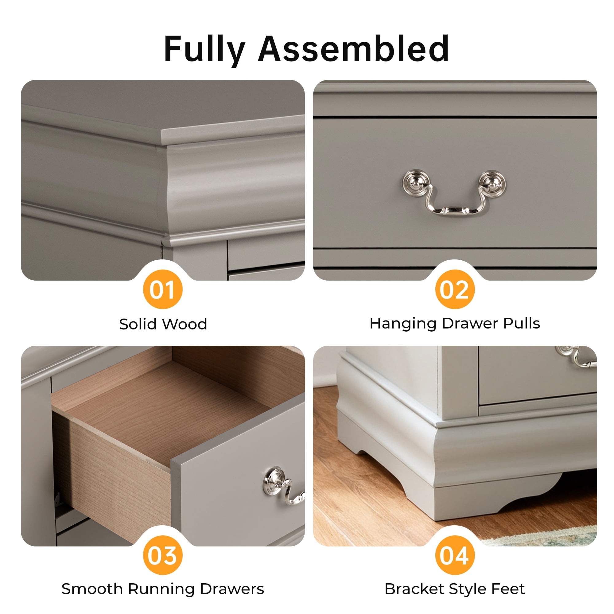 Leovanni Solid Wood Nightstand Set of 2, End Table with Drawers and Metal Handles, No Assembly Required, For Bedroom, Living Room, Adult, Gray