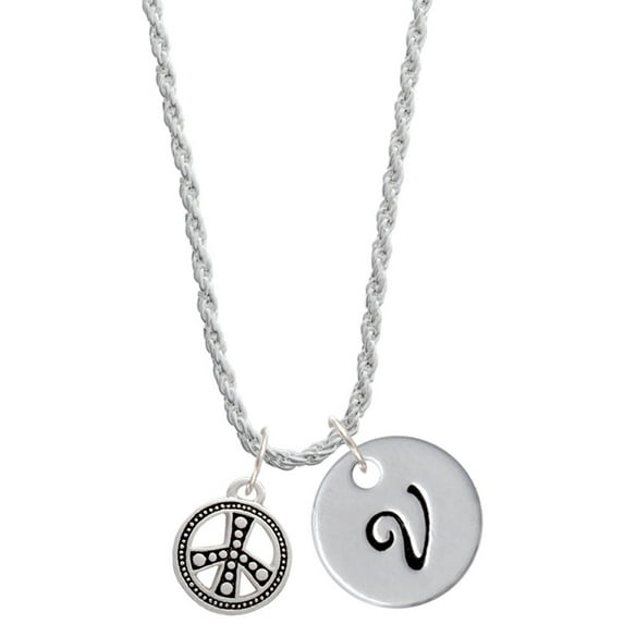 Delight Jewelry Silvertone Beaded Peace Sign Silvertone Script Initial Disc - V - Charm Necklace, 20"+3"