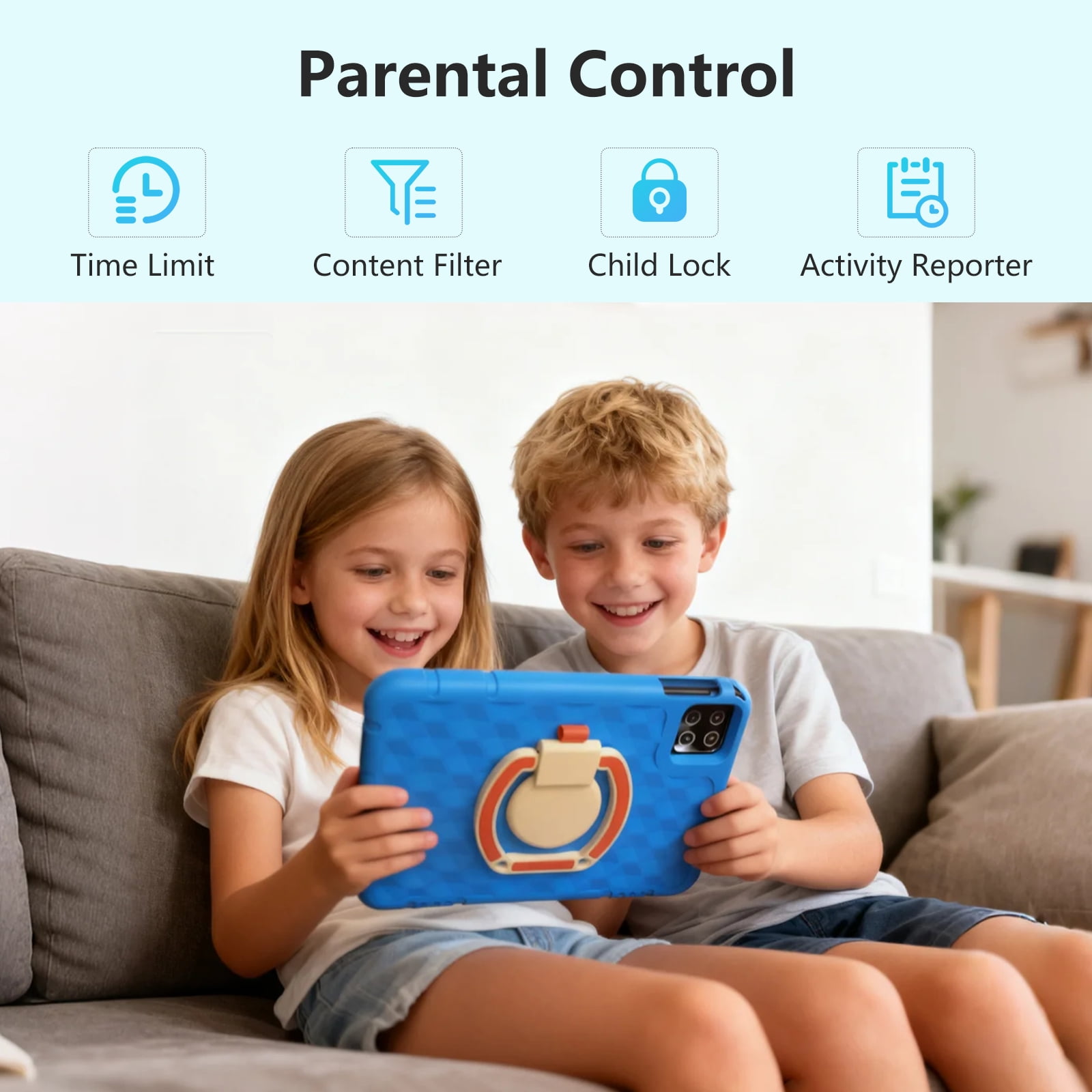 Kids Tablet 10.1 inch Android 15 Octa-Core Tablets with Drop-proof Case, 20GB ROM 128GB, 1TB TF Card Expandable, Parental Control, WiFi 6 and Bluetooth, Blue