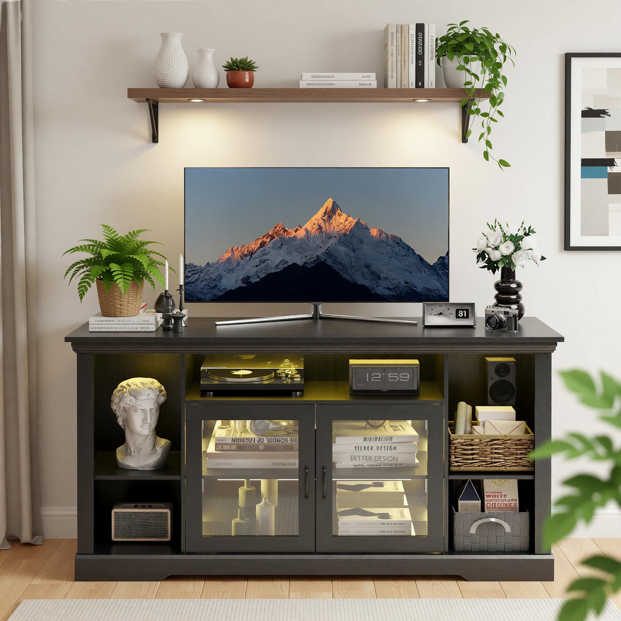 Innovar Modern TV Stand with LED Lights for 65 inch TV, Black Tall TV Cabinets with Storage & Adjustable Shelves, Entertainment Center with Glass Doors for Living Room and Bedroom