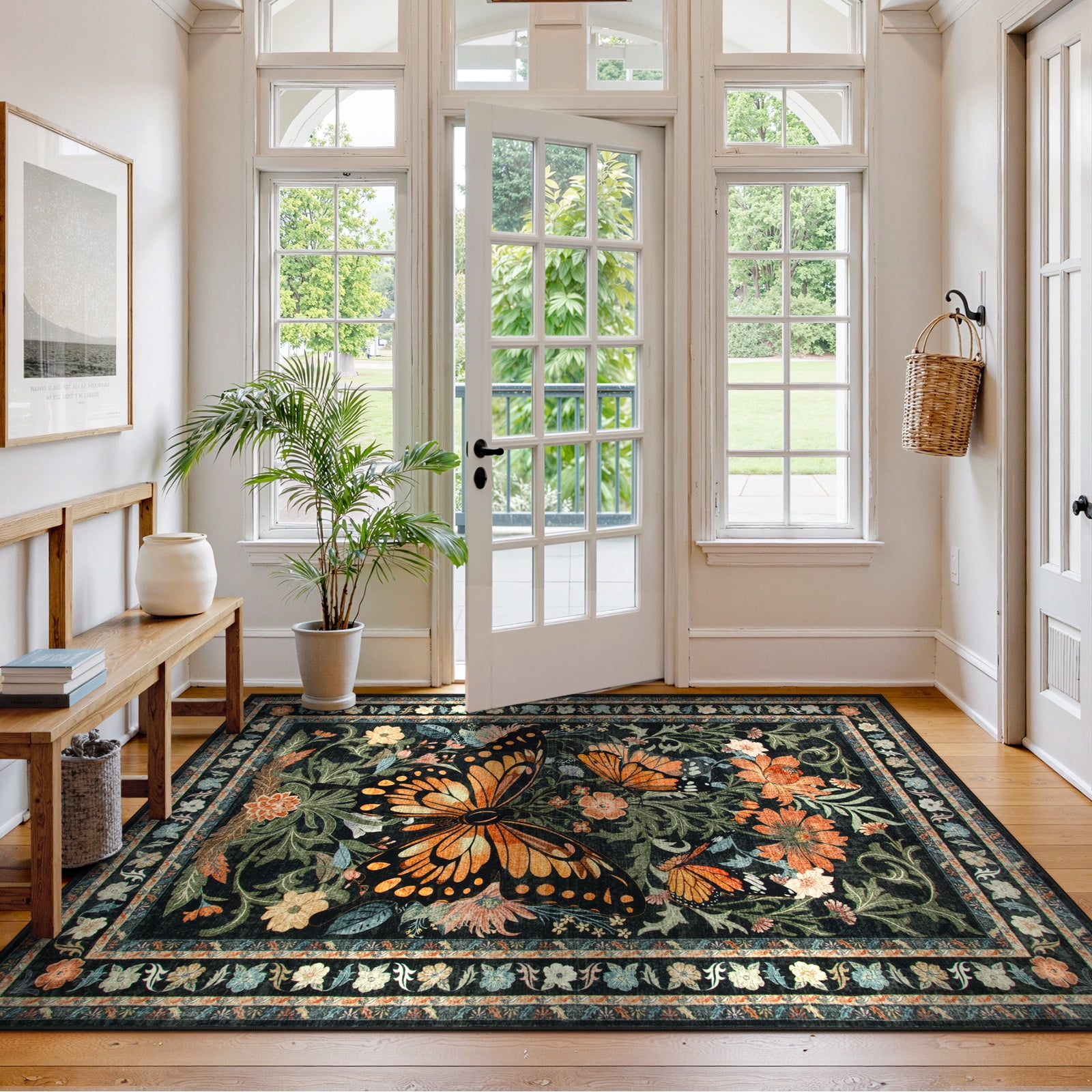 Lahome Decor 5'x7' Butterfly Bedroom Rug,Area Rugs 5x7ft Rugs for Living Room, Non-Slip Washable Rugs Stain Resistant Boho Floral Rug Low-Pile Throw Rug for ‎Dining Room Office,Black