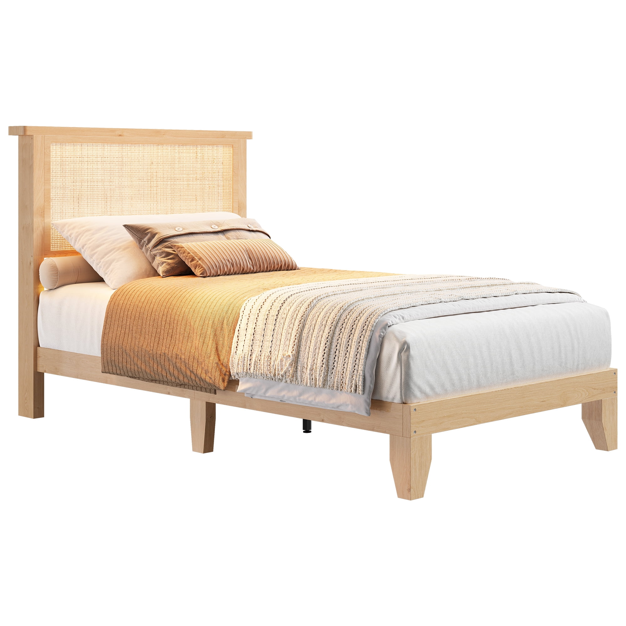 Twin Rattan Bed Frame, Bohemian Rattan Bed Frame Twin with Natural Headboard, LED Lights, No Box Spring Needed