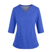 ZCNKMX Shirts for Women V Neck Solid Plain Length Three Quarter Sleeve Scrub Top With Pockets & Side Slits,Medical Uniform Daily Work Wear Tops Blue L