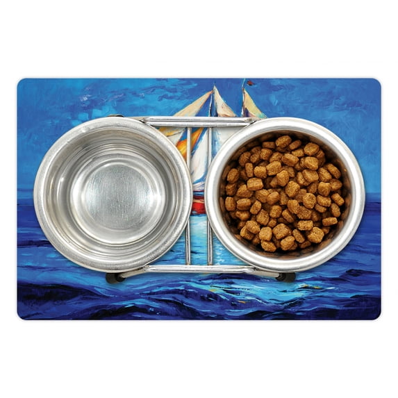 Ship Pet Mat for Food and Water, Oil Painting Style Sailship Frigate Floating on the Sea Modern Impressionism Artwork, Non-Slip Rubber Mat for Dogs and Cats, 18" X 12", by Ambesonne