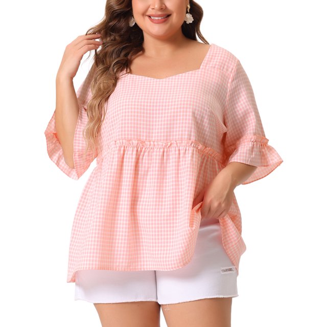 Blusa de mujer de talla grande Agnes Orinda, de manga corta, con escote en forma de corazón, de cuadros, estilo peplum, 4X, color rosa